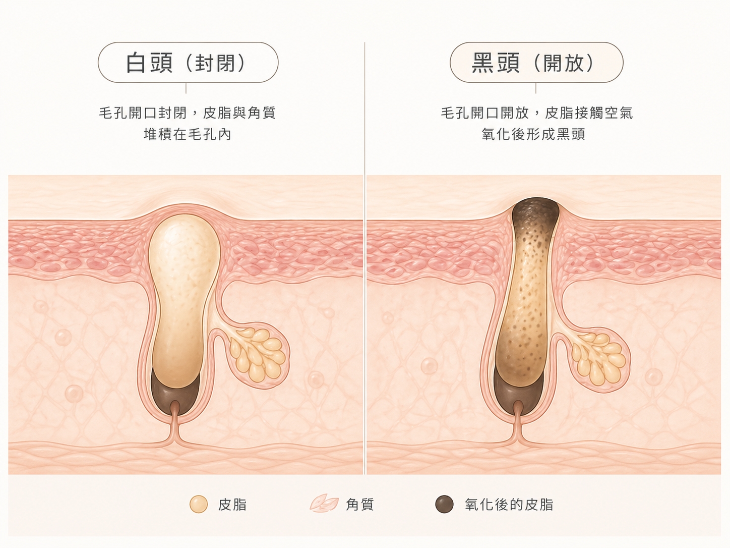 白頭粉刺與黑頭粉刺差異示意圖